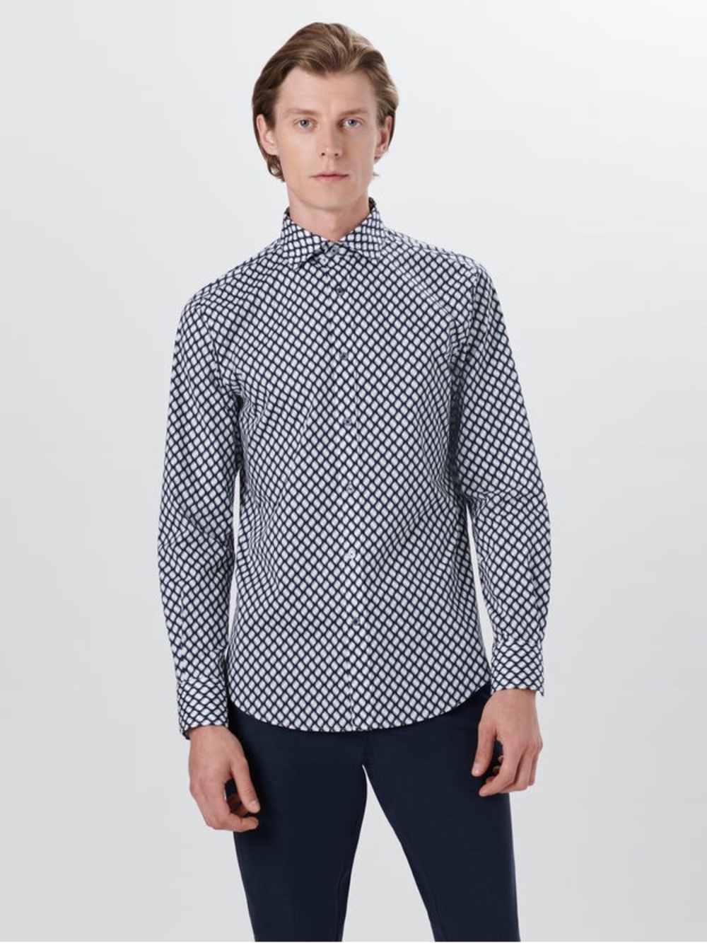 Bugatchi Classic Fit Geometric Button Down Shirt XL Navy White Comfort Stretch